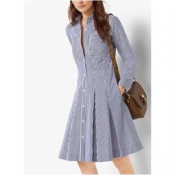 Michael Michael Kors, Striped Cotton-Poplin Shirtdress, Blue, 00 Michael Michael Kors, Striped Cotton-Poplin Shirtdress, Blue, 00